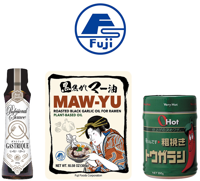 This image shows the Fuji Foods Corporation, logo along with several of its typical products. Fuji Foods is a member of JT Group processed food business (condiments). Celebrating its 70th anniversary in 2028, Fuji Foods Corporation takes the lead in operating the seasonings business. Utilizing such proprietary ingredients and techniques as blended seasonings and the company's flagship yeast extracts, Fuji Foods sells products to the food service industry and processed food manufacturers. Outside of Japan, operations are conducted across four bases in the U.S., Thailand, China, and Indonesia. In addition to manufacturing bases that address halal needs in Thailand and Indonesia, Fuji Foods recreates Japanese and other countries' flavors using halal seasonings.